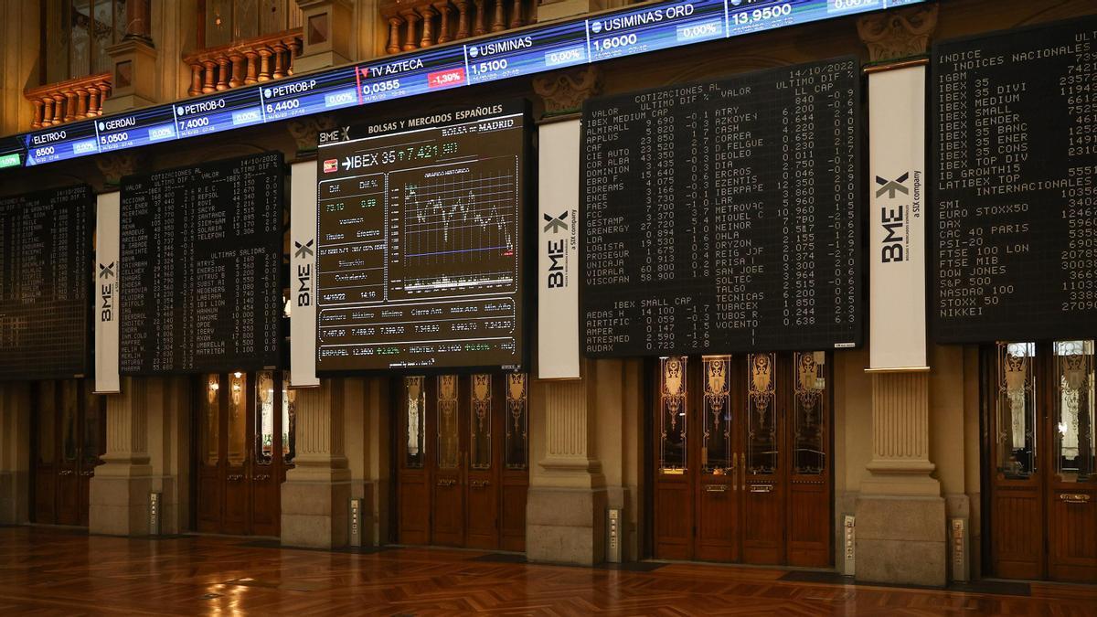 Índices bursátiles en el Palacio de la Bolsa de Madrid