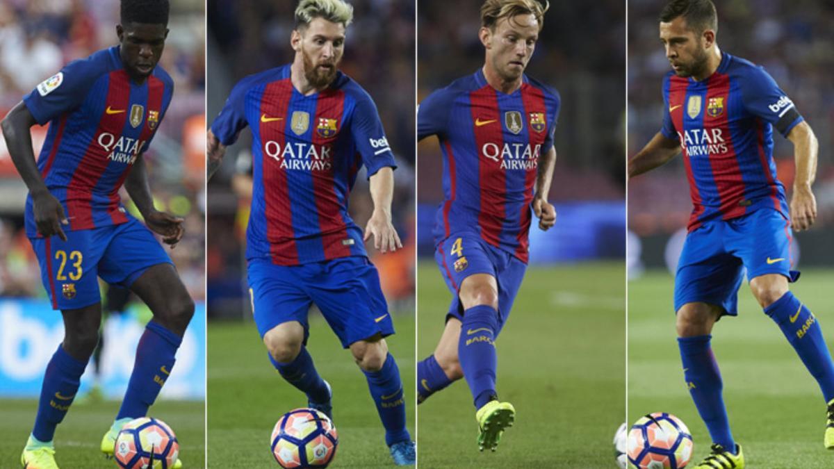 Samuel Umtiti, Leo Messi, Ivan Rakitic y Jordi Alba