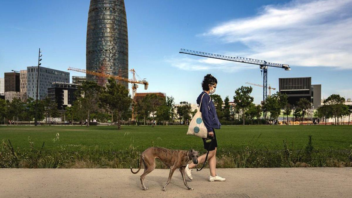 Una mujer pasea el perro por un parque de Barcelona