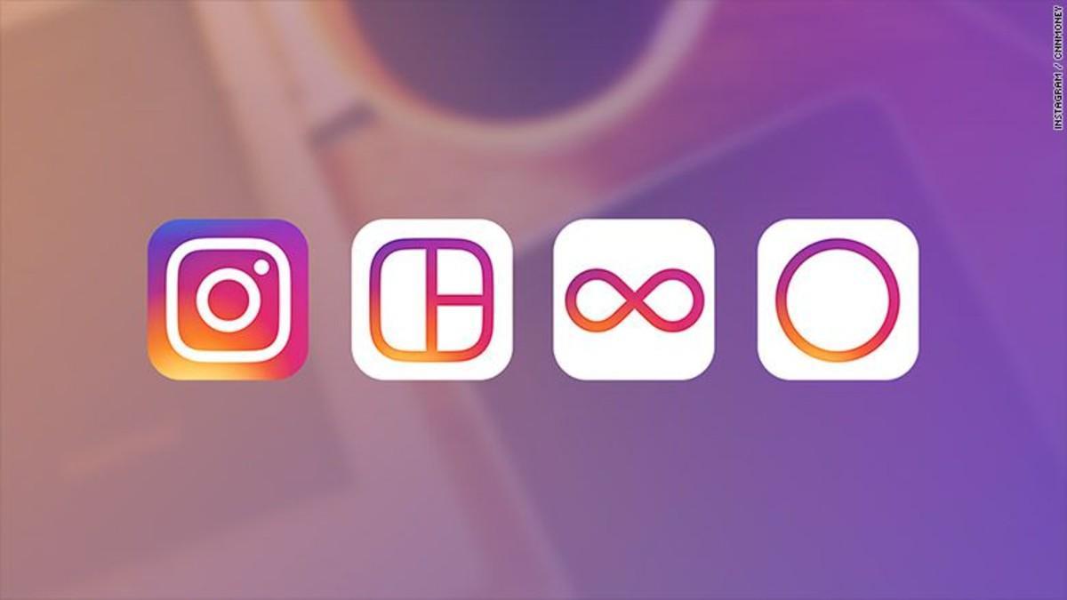 De izquierda a derecha, los nuevos logos de Instagram, Layout, Boomerang e Hyperlapse.