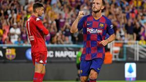 Aug 7, 2019; Miami, FL, USA; Barcelona midfielder Ivan Rakitic (4) celebrates after scoring a goal against Napoli during the second half of the United States La Liga-Serie A Cup Tour soccer match at Hard Rock Stadium. Mandatory Credit: Jasen Vinlove-USA TODAY Sports