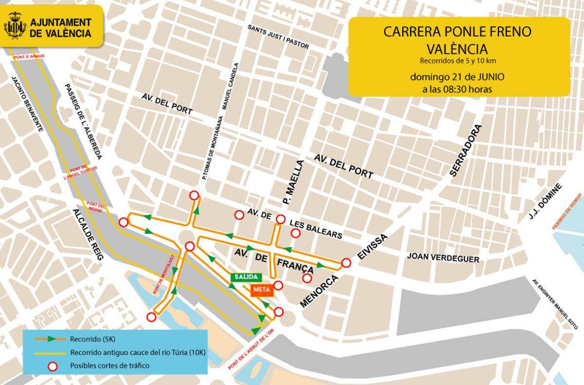 Recorrido de la carrera Ponle freno y las calles cortadas afectadas