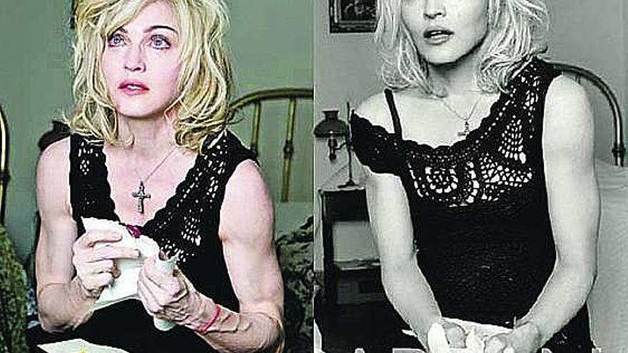 Fotografías de Madonna en las que se ve el antes y el después del retoque del Photoshop, en la campaña publicitaria.