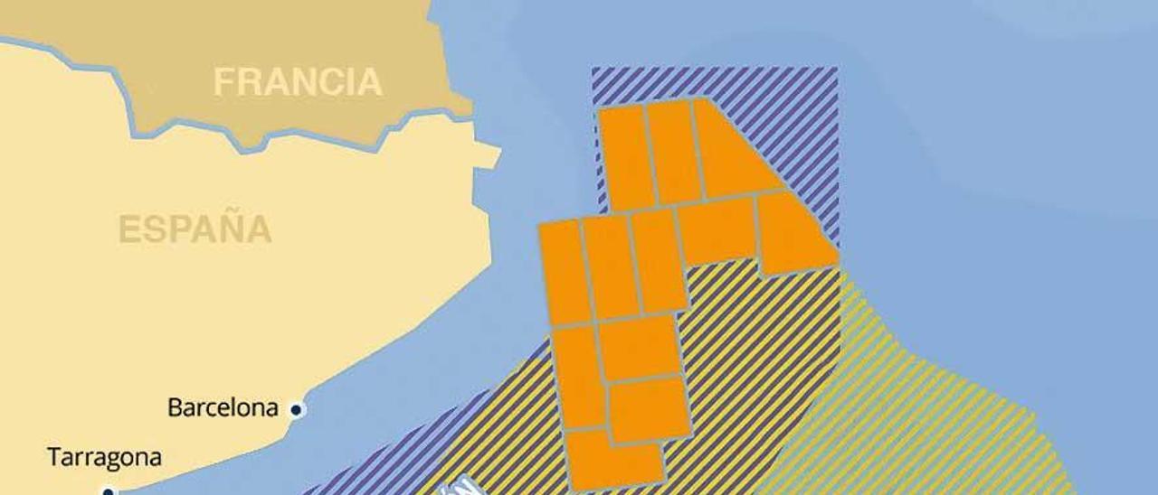 Mapa del corredor de cetáceos y de proyectos de prospecciones