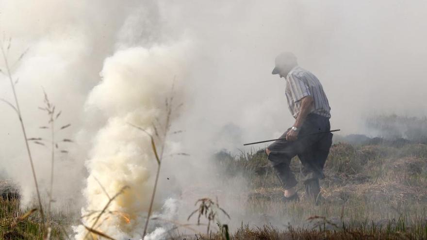 Un agricultora quema paja del arroz.