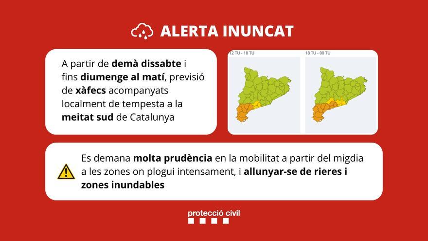 Alerta per previsió de pluges intenses dissabte a la meitat sud de Catalunya