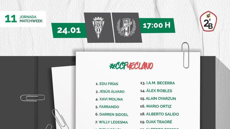 El Córdoba CF, con Salido y sin Valverde para medirse al Yeclano