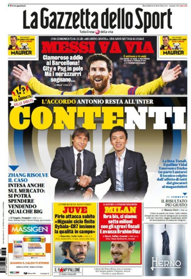 La portada de la Gazzetta dello SPORT del 26 de agosto