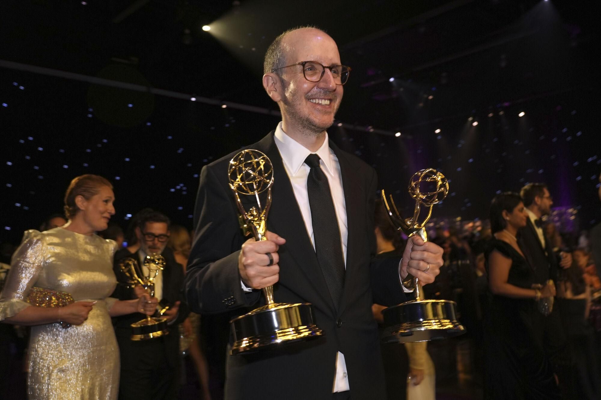 Jack Thorne, winner of the awards for outstanding writing for a limited or anthology series or movie for "Adolescence" and for outstanding limited or anthology series for "Adolescence," attends the Governors Ball for the 77th Primetime Emmy Awards on Sunday, Sept. 14, 2025, at the Los Angeles Convention Center in Los Angeles. (AP Photo/Chris Pizzello). 091425132020, 21334631,