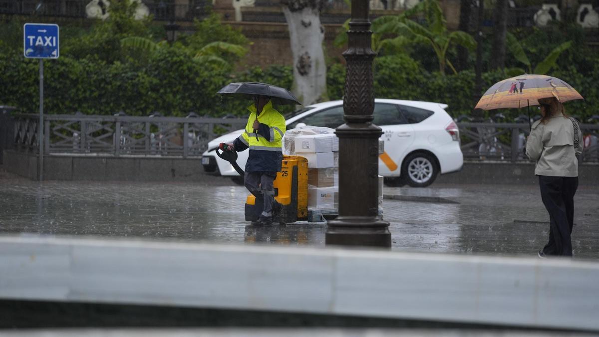 Varias personas se protegen de la lluvia con un paraguas en Sevilla.