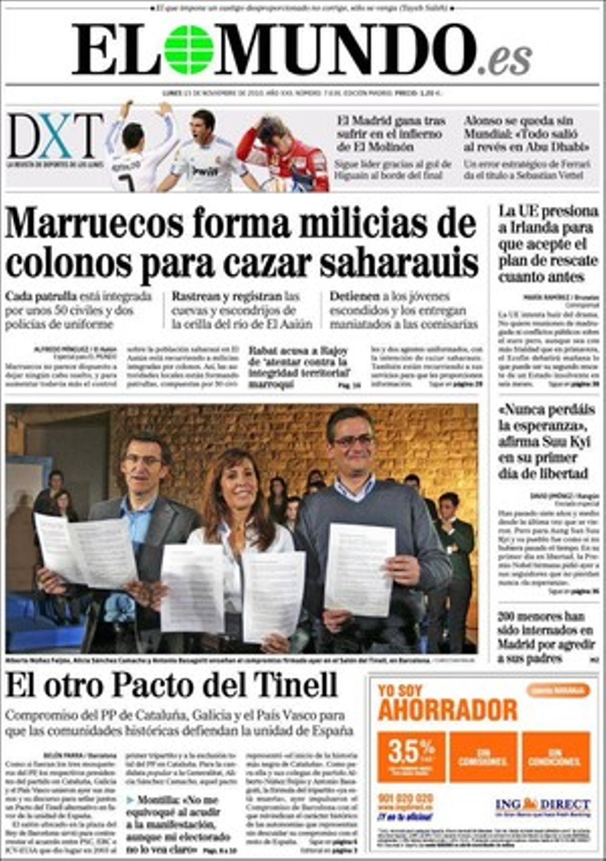 A les pàgines interiors ’El Mundo’ també destaca que el PP reclama l’expedient complet dels pagaments al negociador de l’’Alakrana’, i que joves sahrauís es declaren predisposats a ser ’kamikazes.