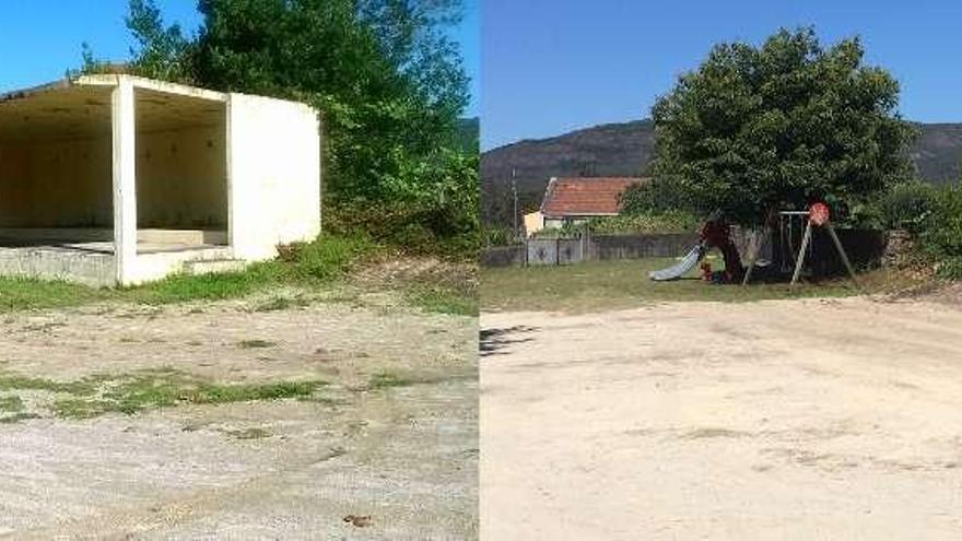 El campo de la fiesta de A Ínsua, antes y después del derribo del palco.