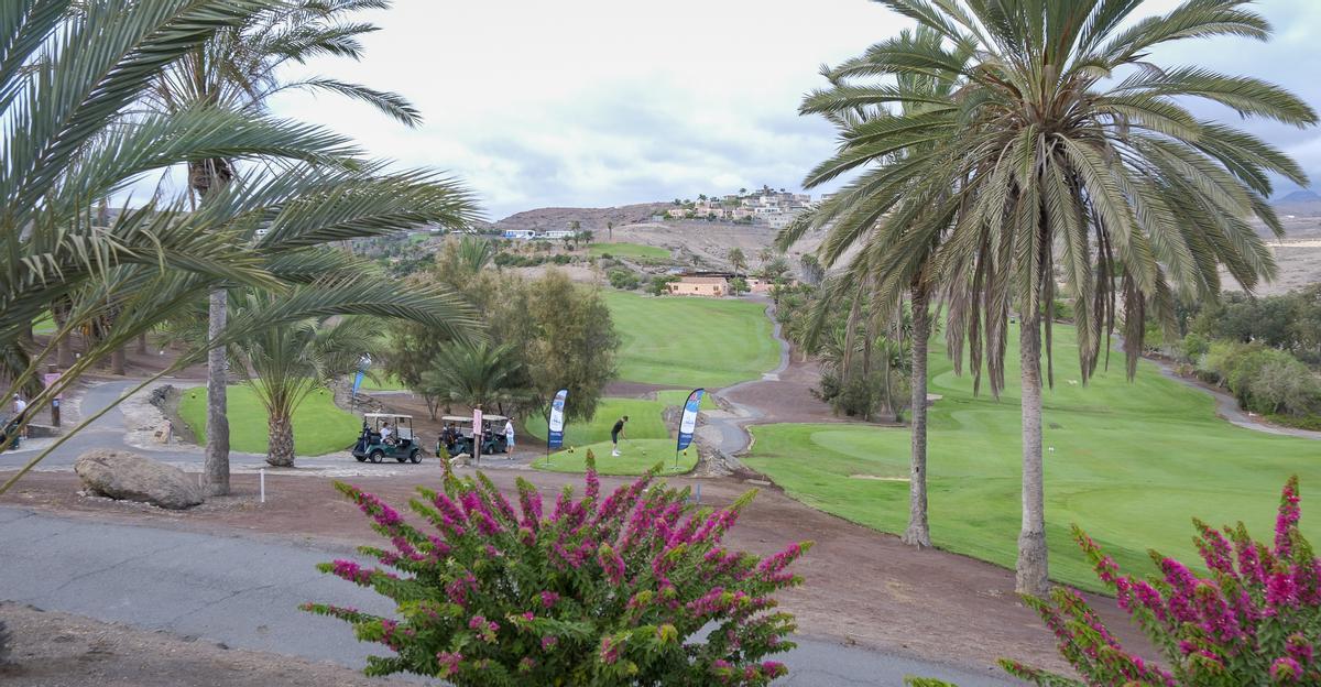 Imagen de varias personas jugando al golf en El Salobre junto a dos carritos.