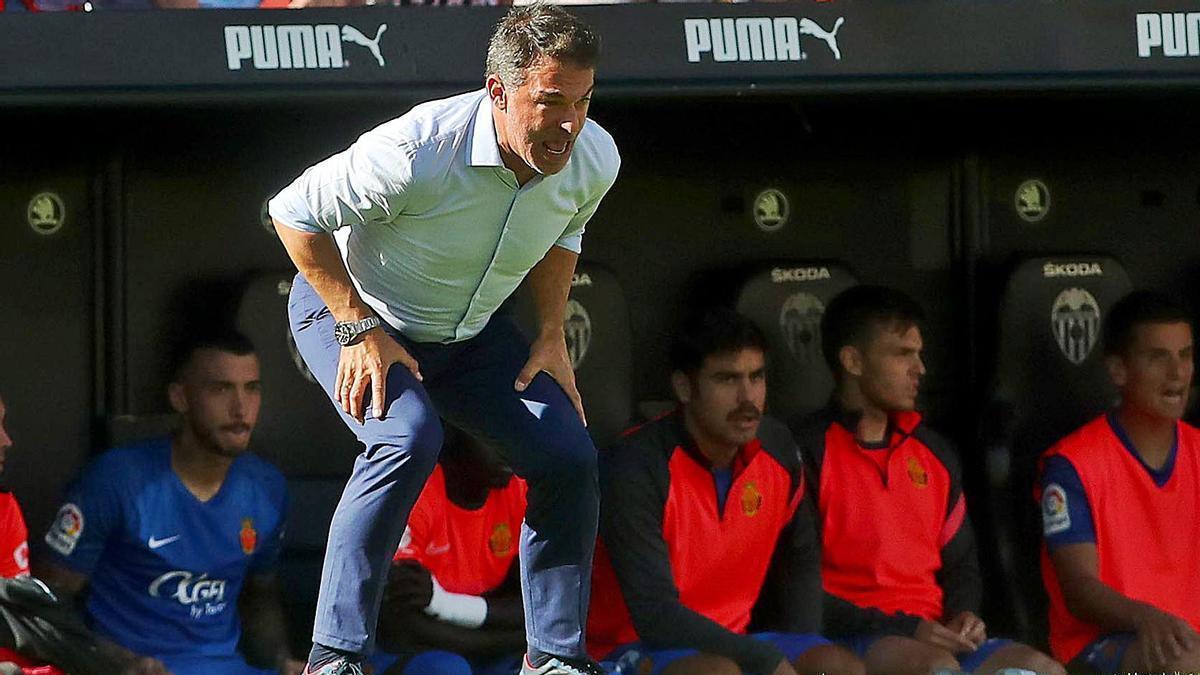 Un nervioso Luis García da instrucciones a sus jugadores, el sábado en Mestalla.