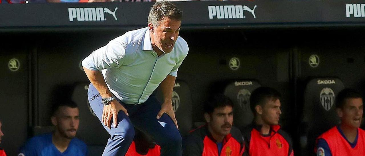 Un nervioso Luis García da instrucciones a sus jugadores, el sábado en Mestalla.