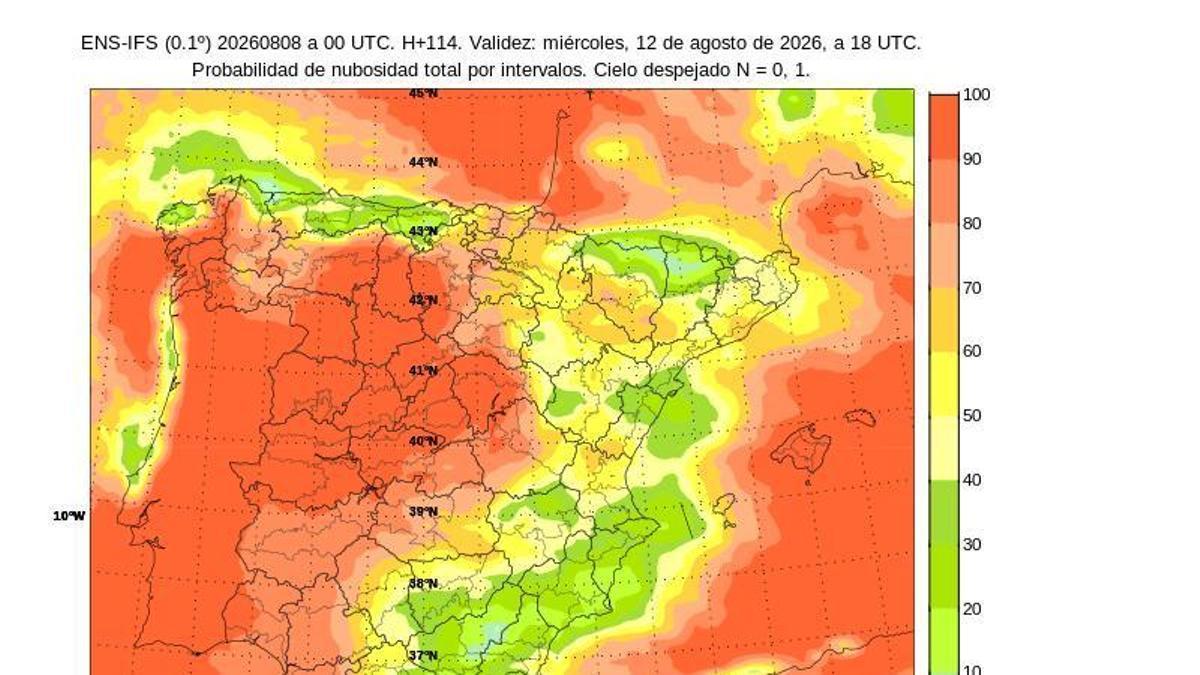 El mapa actualizado de la probabilidad de nubosidad por intervalos a las 20.00 horas del día del eclipse.