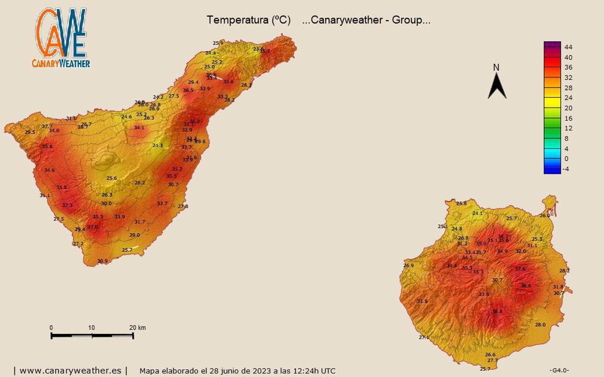 Mapa de temperaturas en Tenerife y Gran Canaria esta mañana.