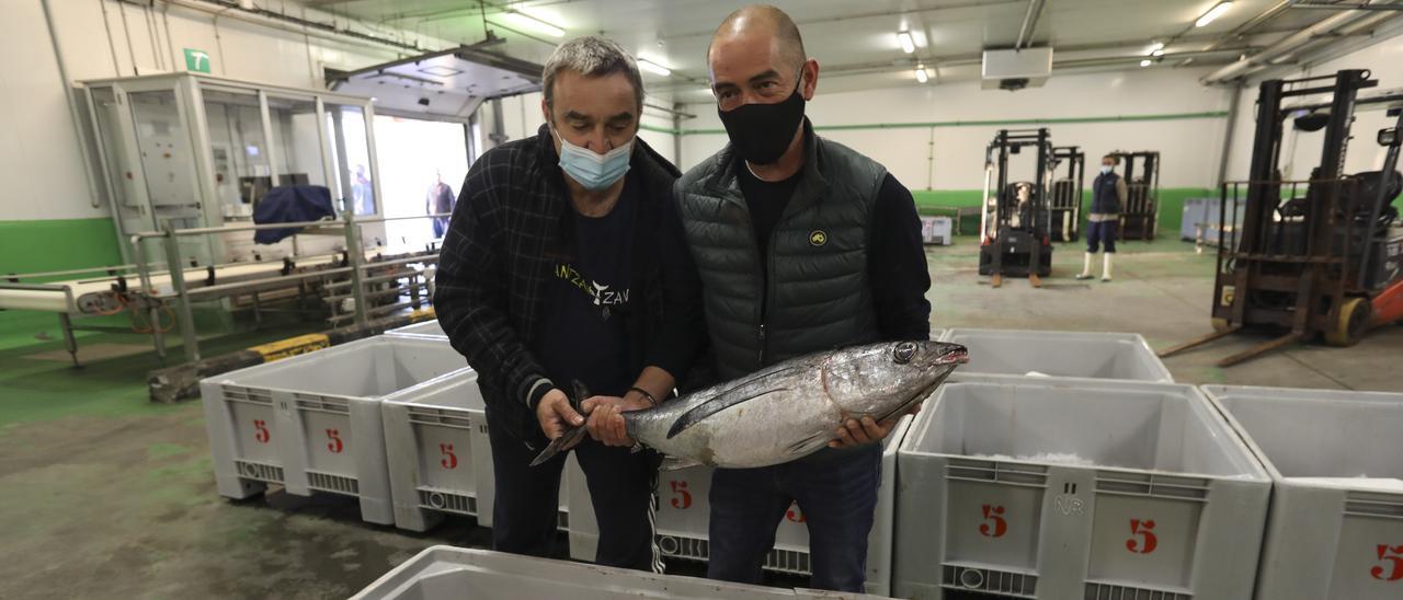 Iñigo Oronoz y Armando Prendes, de supermercados Alimerka, con uno de los primeros bonitos subastados el año pasado en la rula de Avilés.