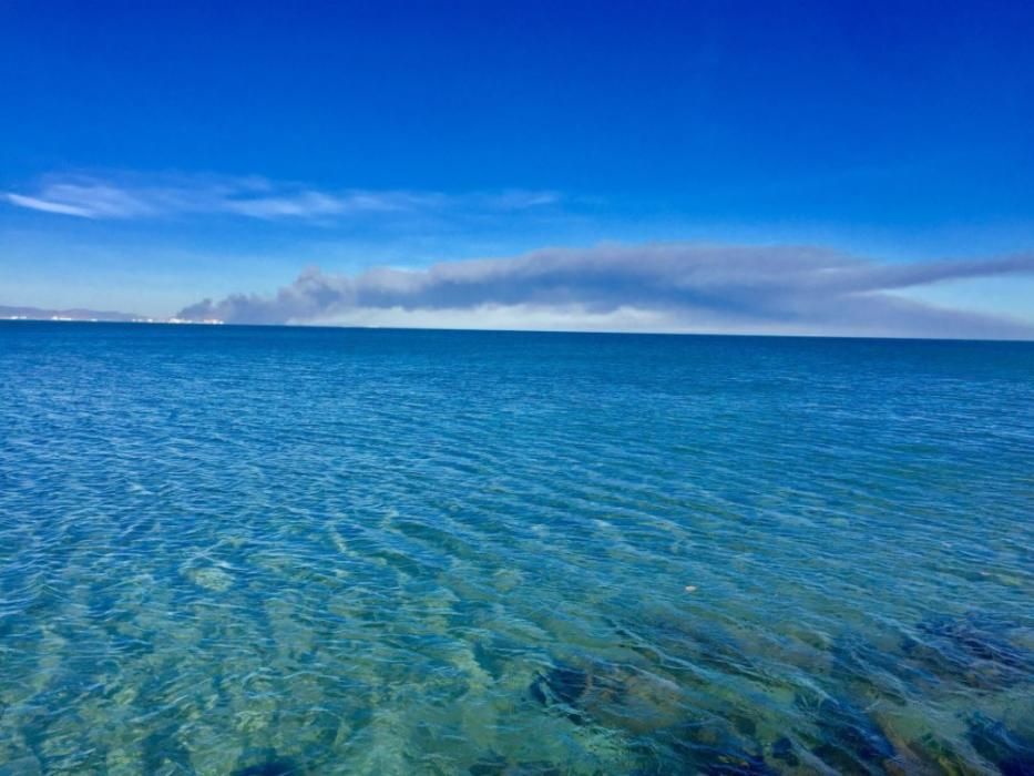 La columna de humo del incendio es visible desde la playa de Las Arenas, en València