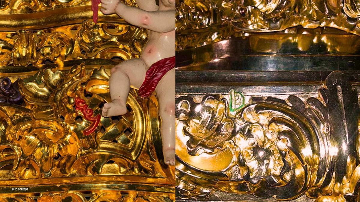 Detalles de los escudos del Sevilla y el Betis en el paso de misterio de San Pablo.