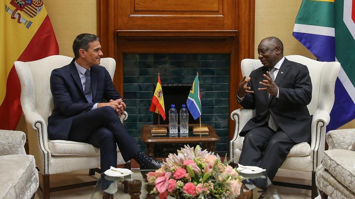 El presidente del Gobierno, Pedro Sánchez, de visita oficial en Sudáfrica, reunido este jueves con su presidente, Cyril Ramaphosa.