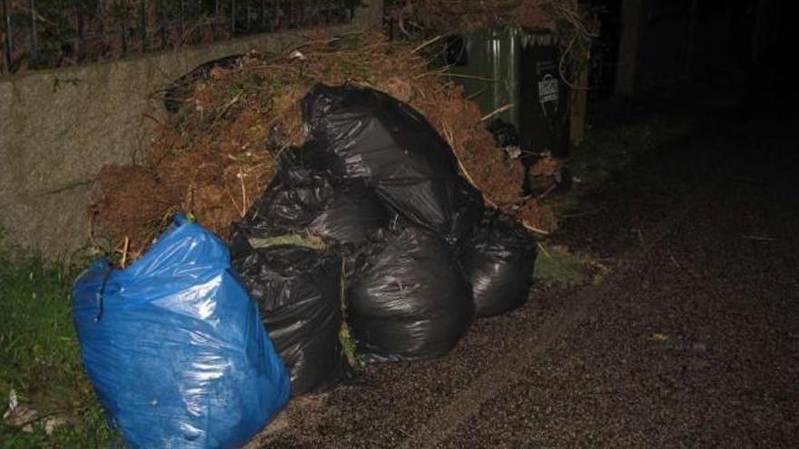 Fotografías tomadas por el servicio nocturno de recogida de basuras en la que se aprecian restos de jardinería tirados en contenedores y los viales interiores de San Vicente.