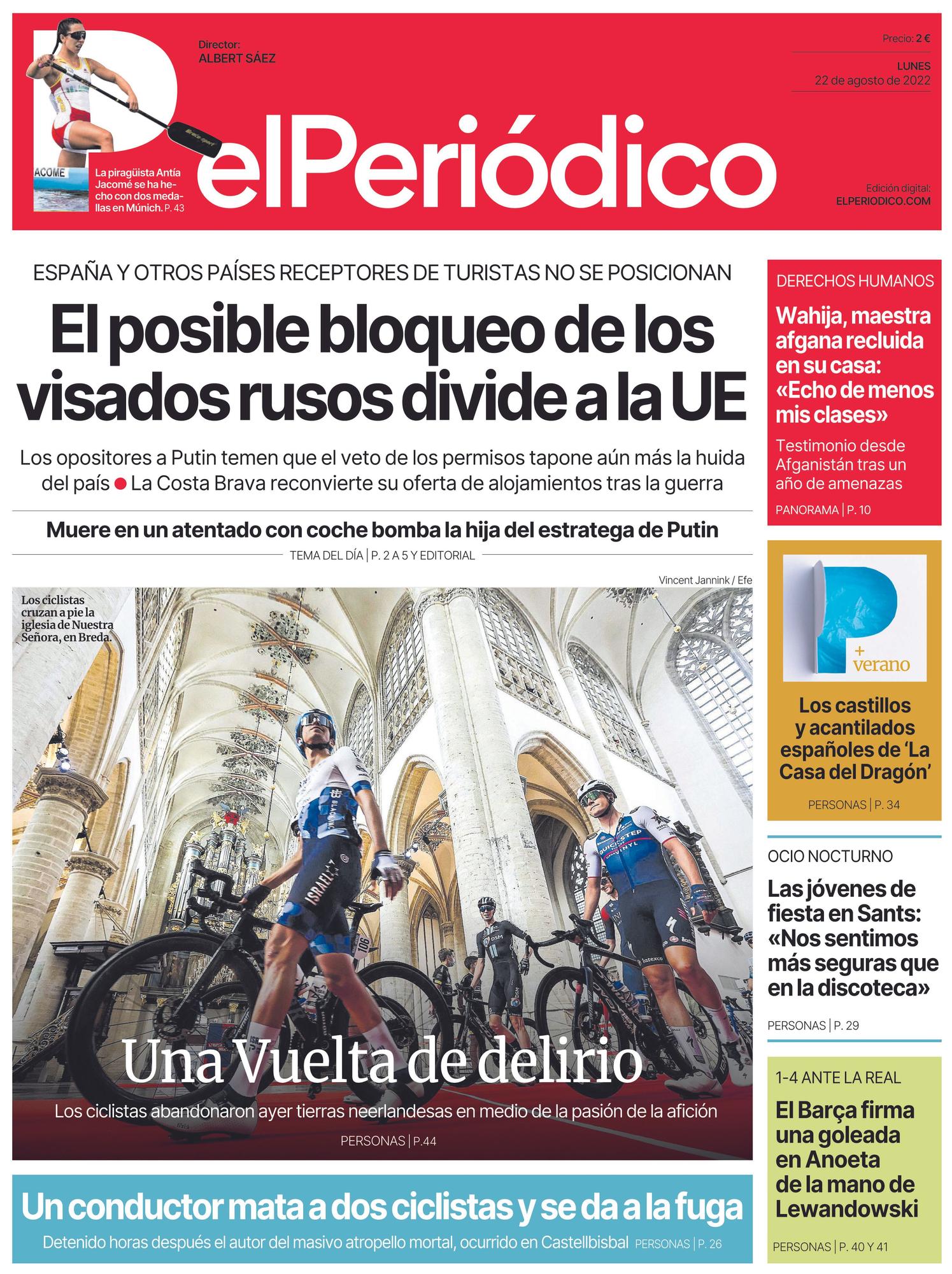 La portada de EL PERIÓDICO del 22 de agosto de 2022