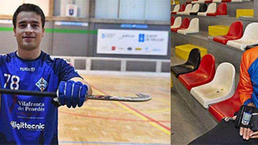 El coruñés Gabriel Villares, con la camiseta del Vilafranca, antes de su partido contra el Liceo y Anthony Green, del Leyma, con el kit que lleva siempre consigo para medirse el azúcar.