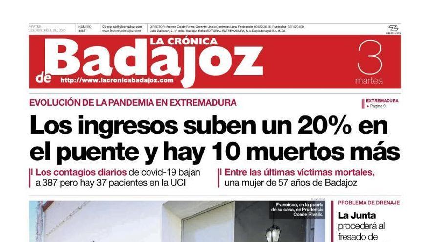 Esta es la portada de LA CRÓNICA DE BADAJOZ correspondiente al día 3 de noviembre del 2020