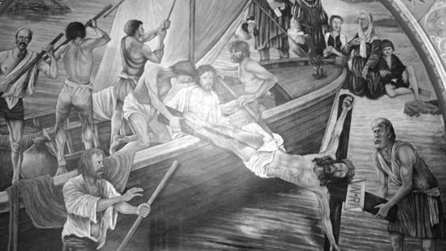 Imagen del mural candasín que muestra a los pescadores bajando al Cristo, tras ser rescatado del mar.