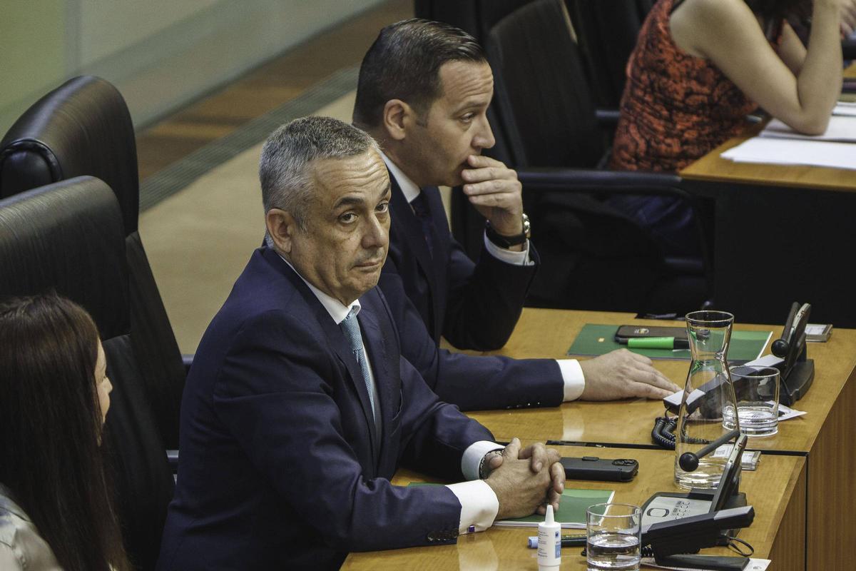 Los diputados de Vox Ángel Pelayo Gordillo y Óscar Fernández, en el pleno.