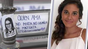 A la derecha, carteles en una concentración por Marina: a la izqda, la joven en una foto de su álbum personal.