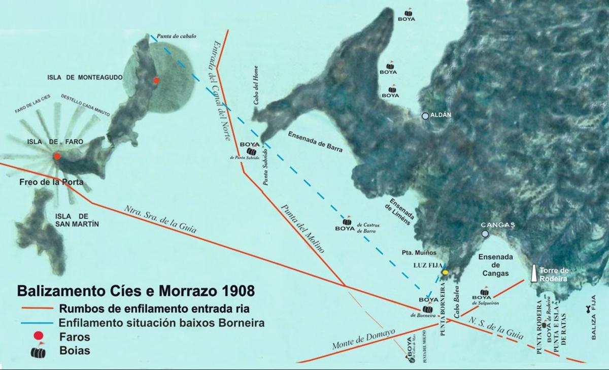 Balizamento nas illas Cíes e na costa do Morrazo a priuncipios do século XX, no ano 1908.