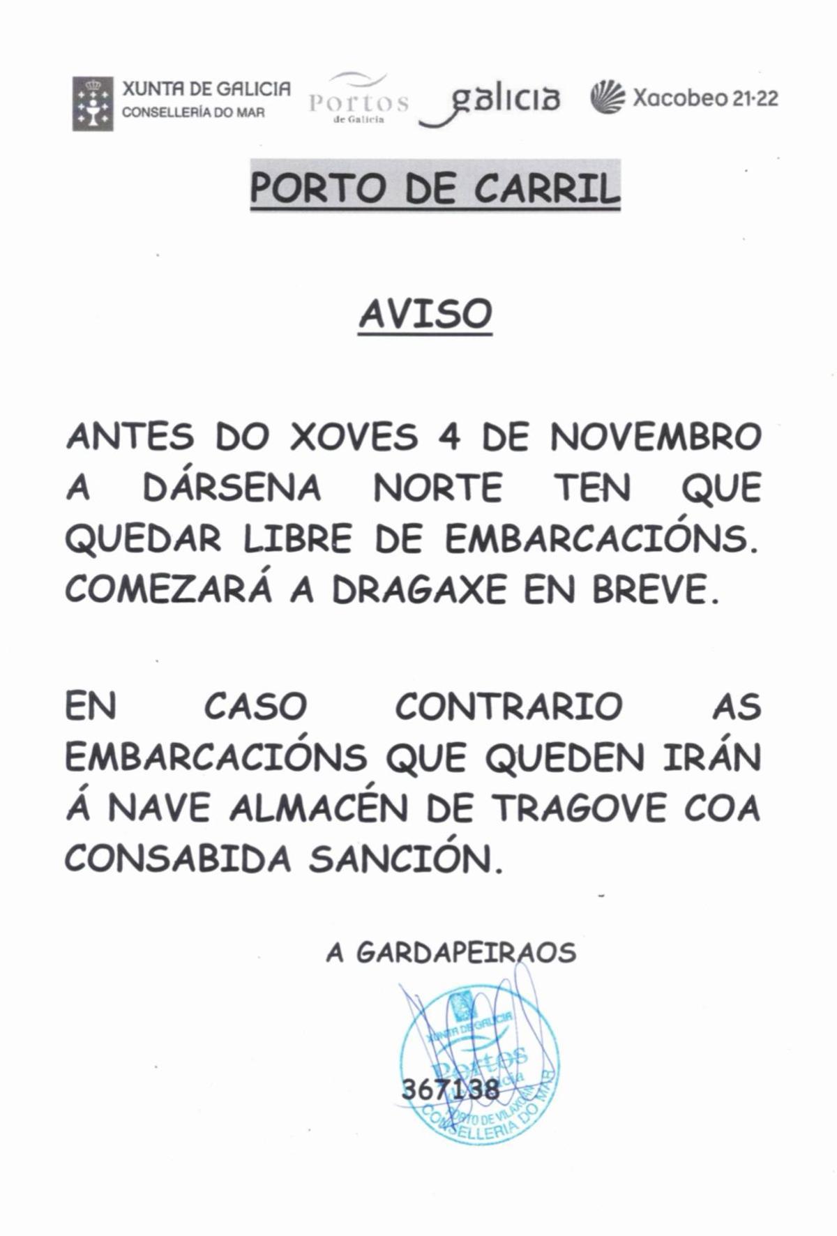 El aviso anterior, que les mandaba sacar las embarcaciones antes de hoy.