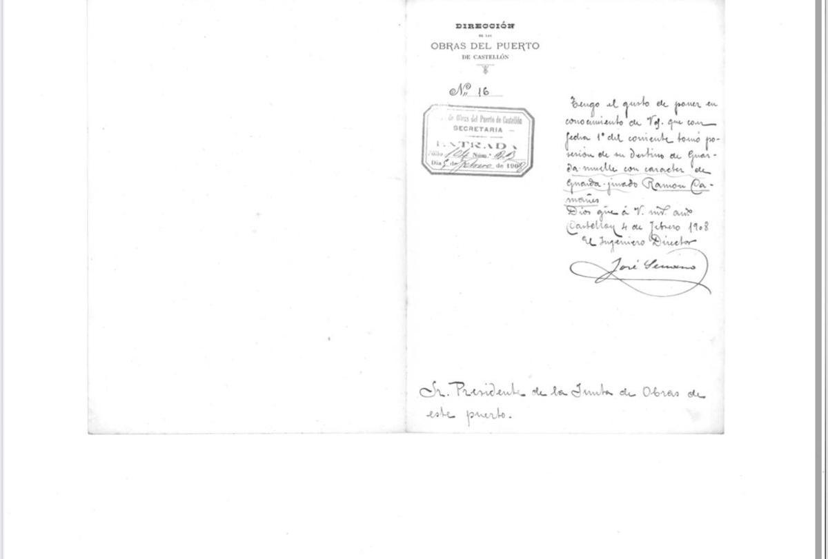 Documento de la Junta de Obras del Puerto, en 1908.