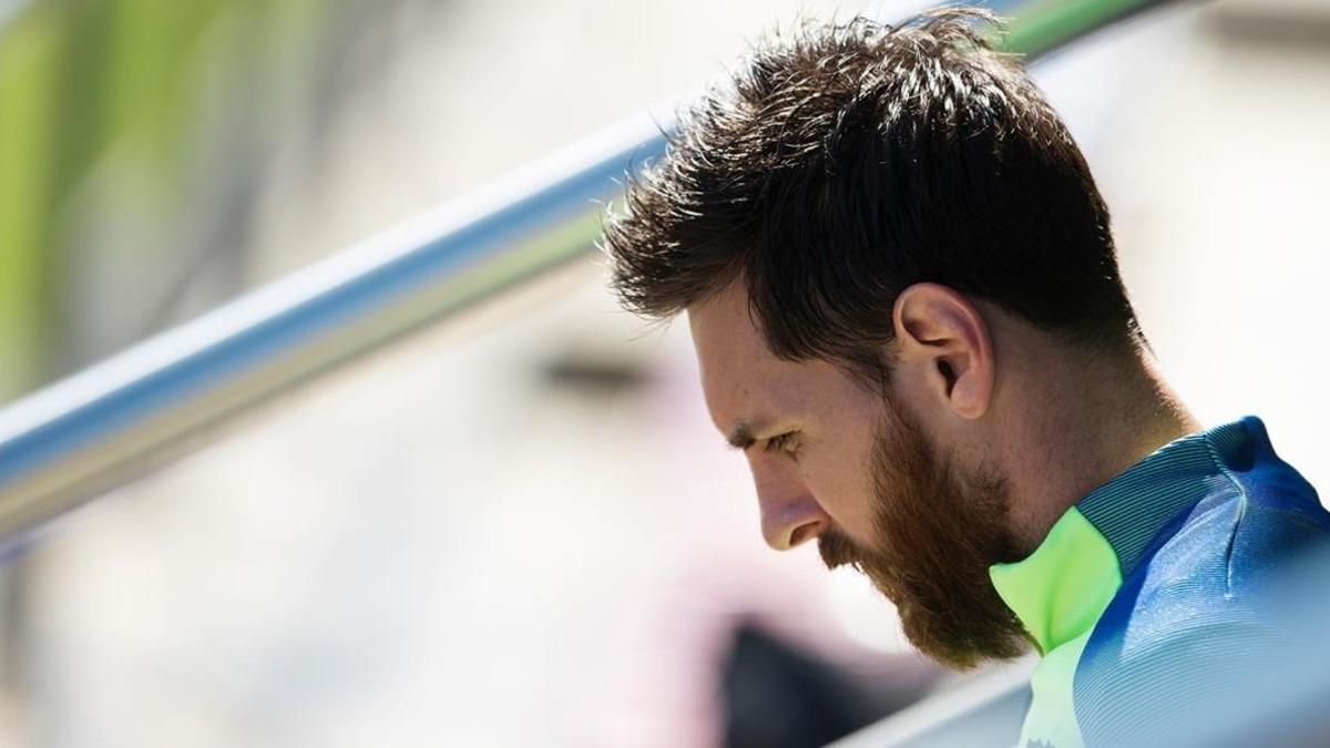 Leo Messi, en el entrenamiento de hoy en la Cudad Deportiva Joan Gamper.