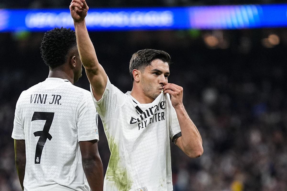 Brahim Diaz of Real Madrid celebrates a goal during the UEFA Champions League 2024/25 League Round of 16 First Leg match between Real Madrid CF and Atletico de Madrid, at Santiago Bernabeu stadium on March 04, 2025, in Madrid, Spain. AFP7 04/03/2025 ONLY FOR USE IN SPAIN. Oscar J. Barroso / AFP7 / Europa Press;2025;SPAIN;SPORT;ZSPORT;SOCCER;ZSOCCER;Real Madrid CF v Atletico de Madrid - UEFA Champions League 2024/25 League Round of 16 First Leg; Brahim Diaz of Real Madrid celebrates a goal during the UEFA Champions League 2024/25 League Round of 16 First Leg match between Real Madrid CF and Atletico de Madrid, at Santiago Bernabeu stadium on March 04, 2025, in Madrid, Spain. AFP7 04/03/2025 ONLY FOR USE IN SPAIN. Oscar J. Barroso / AFP7 / Europa Press;2025;SPAIN;SPORT;ZSPORT;SOCCER;ZSOCCER;Real Madrid CF v Atletico de Madrid - UEFA Champions League 2024/25 League Round of 16 First Leg;