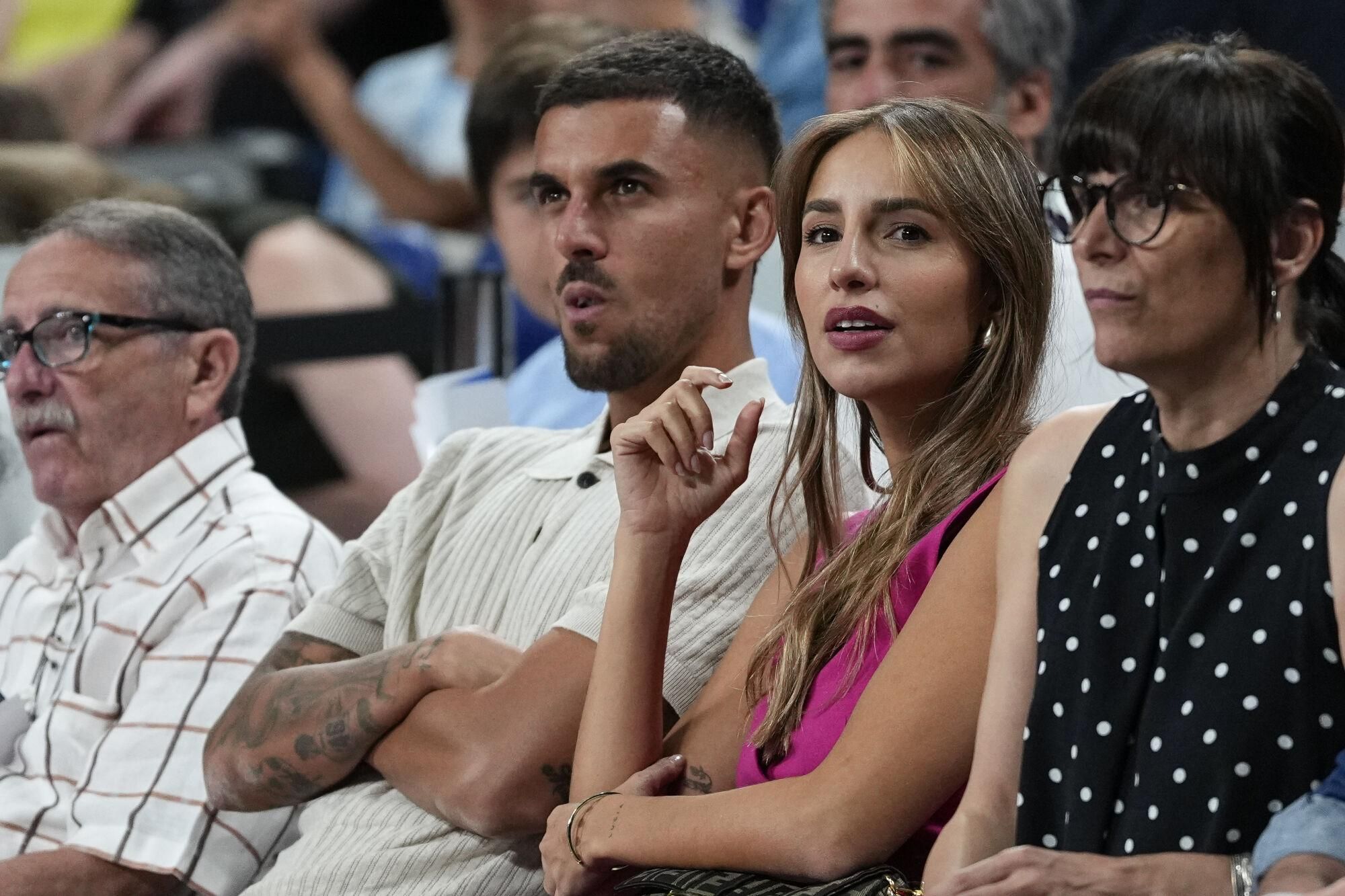 Dani Ceballos and Luna Serrat are seen during the Spanish League, Semi-Final second leg of Liga ACB Endesa, basketball match played between Real Madrid and Unicaja Baloncesto at Movistar Arena pavilion on June 13, 2025 in Madrid, Spain. AFP7 13/06/2025 ONLY FOR USE IN SPAIN. Oscar J. Barroso / AFP7 / Europa Press;2025;BASKET;SPAIN;SPORT;ZBASKET;ZSPORT;Real Madrid v Unicaja Baloncesto - Liga ACB Endesa Semi-Final Second Leg;