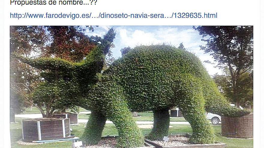 Bienvenida de &quot;Dino&quot; a su compañero en Facebook  |  La cuenta de Dinoseto en Facebook, con más de 7.300 seguidores, celebró ayer la inminente llegada del saurio del nuevo parque de Navia. &quot;Mi nuevo compañer@ jurásico en Vigo será... TRICERATOPS...!!! saludó el boj de Porta do Sol, acompañando la foto. En pocas horas se crearon también los perfiles Rinoseto y Tricesetops en la red social.