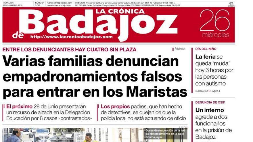 Esta es la portada de LA CRÓNICA DE BADAJOZ correspondiente al día 26 de junio del 2019