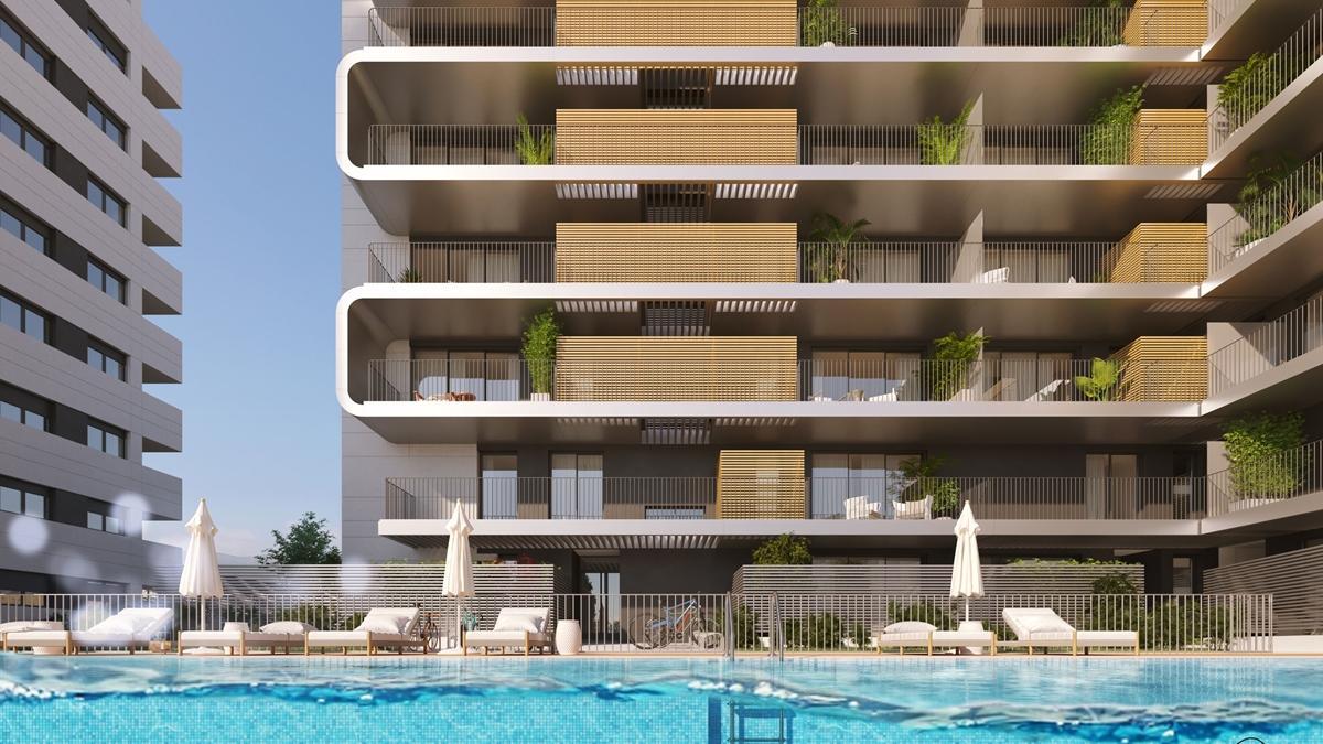 Su piscina central, junto a sus zonas ajardinas, es el eje vertebral de los residenciales