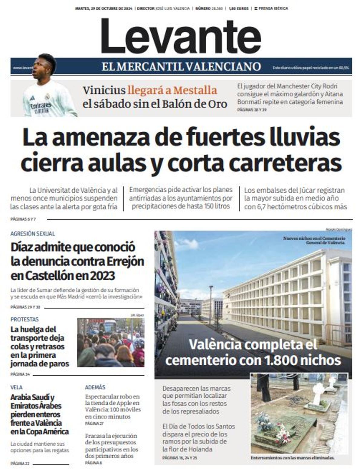 Portada de Levante EMV el 29 de octubre advirtiendo de la dana.