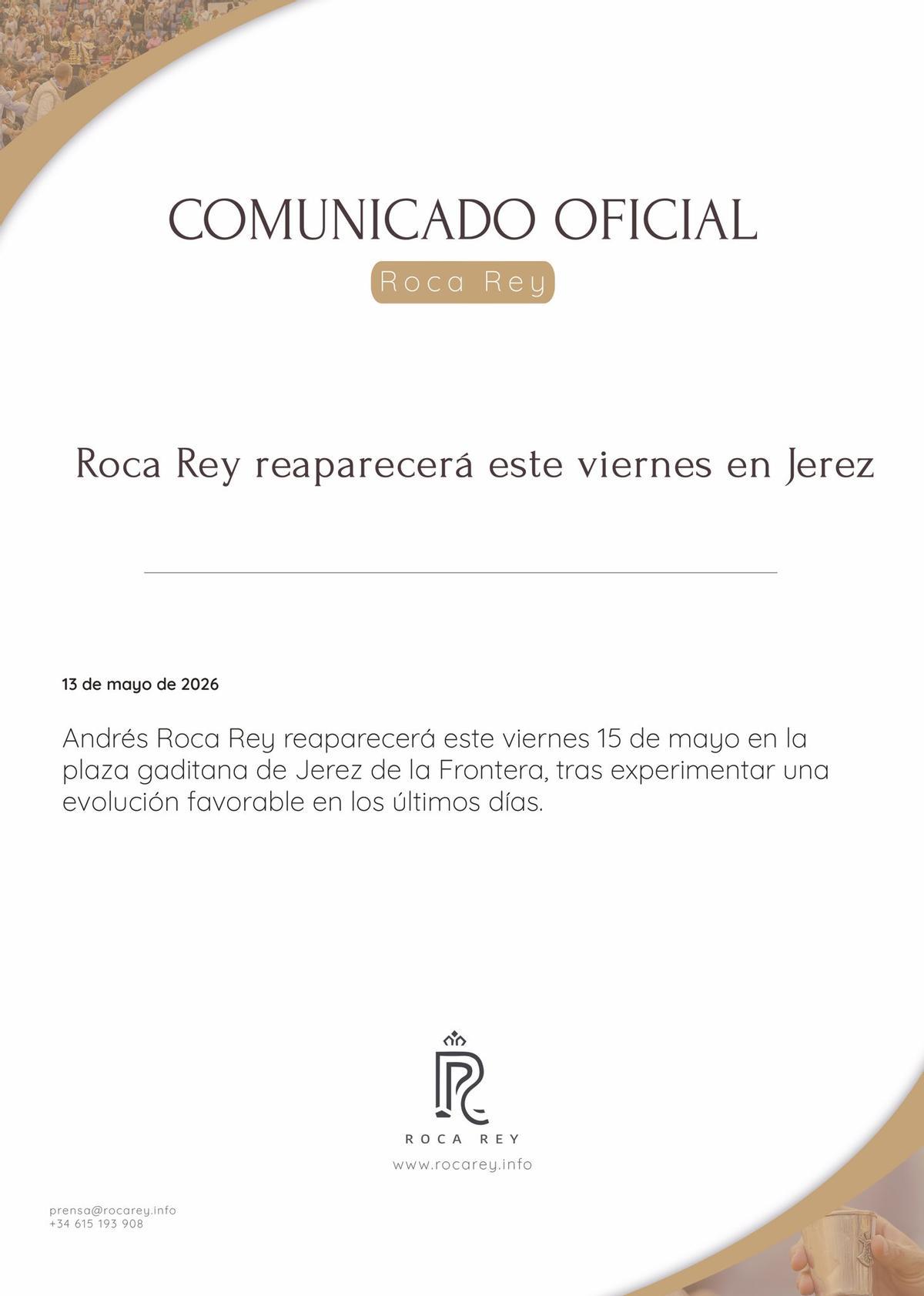 Comunicado oficial de la reaparición de Roca rey en la Feria de Jerez
