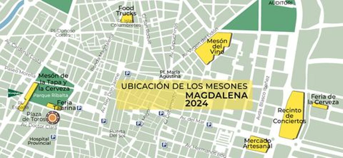 Plano de Castelló con las ubicaciones de los seis mesones.