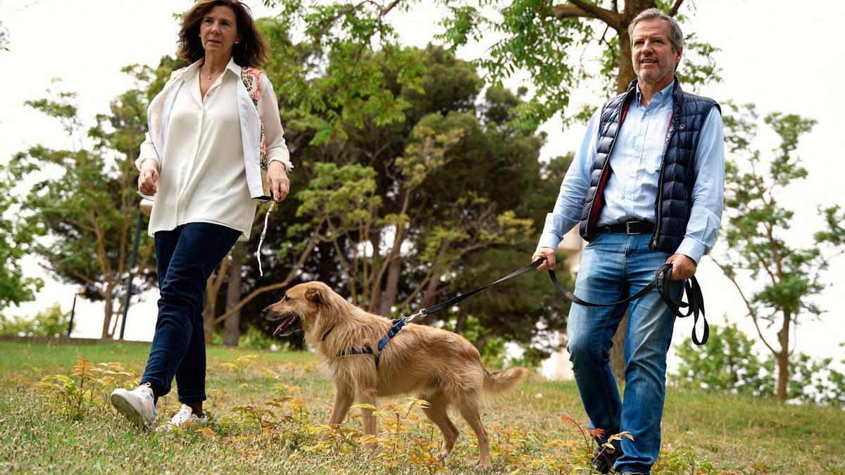 Dani Pérez, paseando junto a su esposa y su perro.