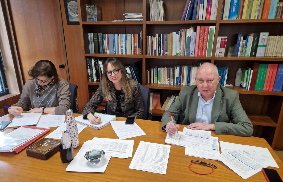 El director general de Personal Docente, César González, y dos técnicas de su departamento durante la reunión telemática de la mesa sectorial.