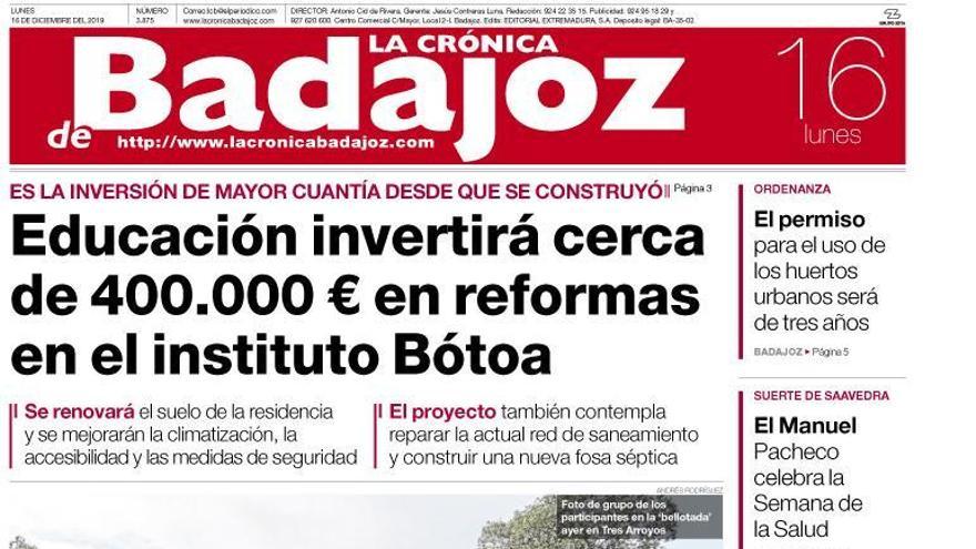 Esta es la portada de LA CRÓNICA DE BADAJOZ correspondiente al día 16 de diciembre del 2019