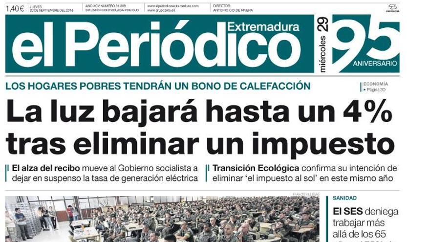 Esta es la portada de EL PERIÓDICO EXTREMADURA correspondiente al día 20 de septiembre del 2018