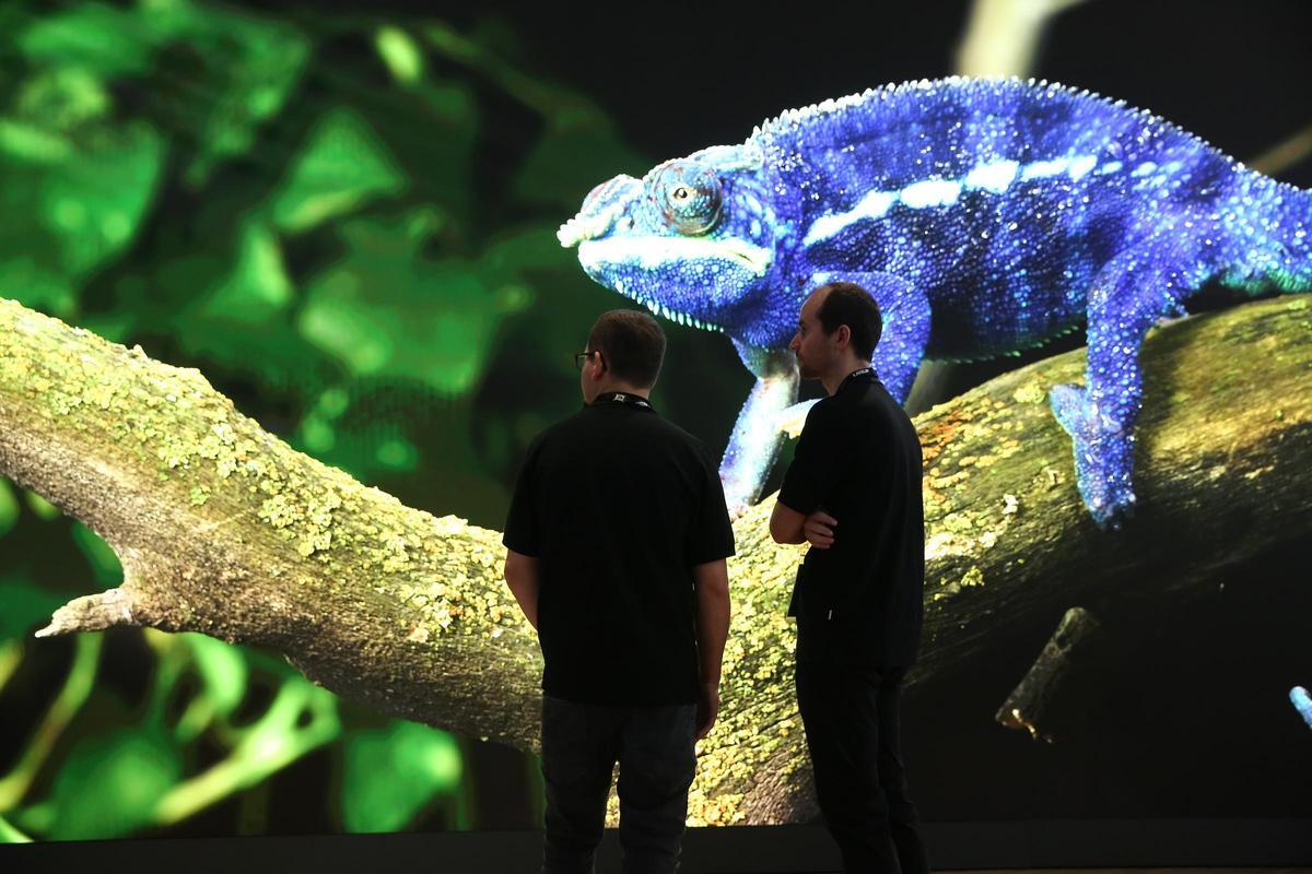 La pantalla LED gigante que exhibe Lang en la feria