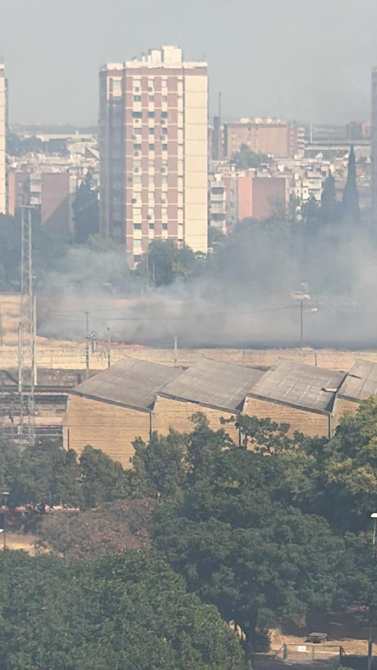 Imagen del incendio en la zona en terrenos aledaños a las vías del tren.
